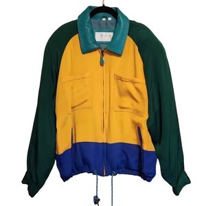 RARE VINTAGE SILK SKINS BY TORA LEATHER AND SILK COLORBLOCK BOMBER JACKET 8/10